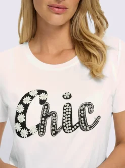 T-shirt à manches courtes avec inscription et perles décoratives