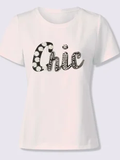 T-shirt à manches courtes avec inscription et perles décoratives