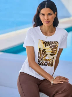 T-shirt à manches courtes avec motif feuille et pierres