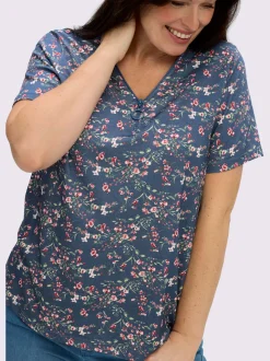 T-shirt à manches courtes avec motif floral et col V