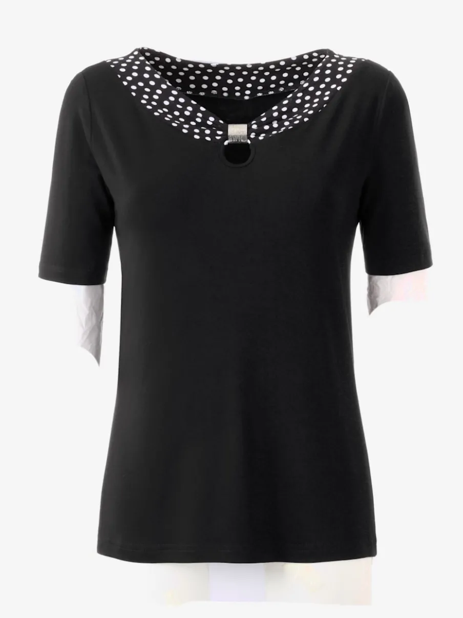 T-shirt manches courtes col à pois avec boucle décorative