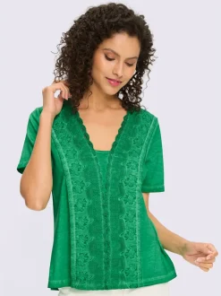 T-shirt à manches courtes encolure en V avec empiècement en dentelle