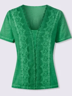 T-shirt à manches courtes encolure en V avec empiècement en dentelle