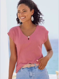 T-shirt à manches courtes encolure en V avec perle décorative
