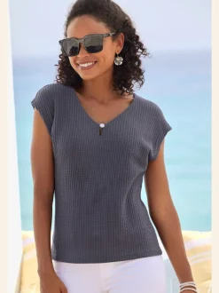 T-shirt à manches courtes encolure en V avec perle décorative