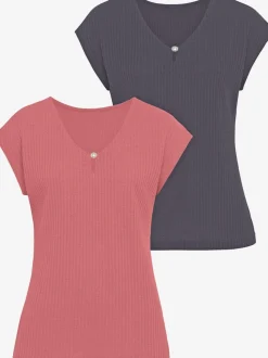 T-shirt à manches courtes encolure en V avec perle décorative