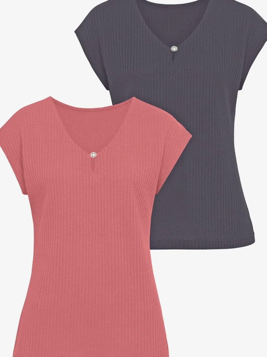 T-shirt à manches courtes encolure en V avec perle décorative