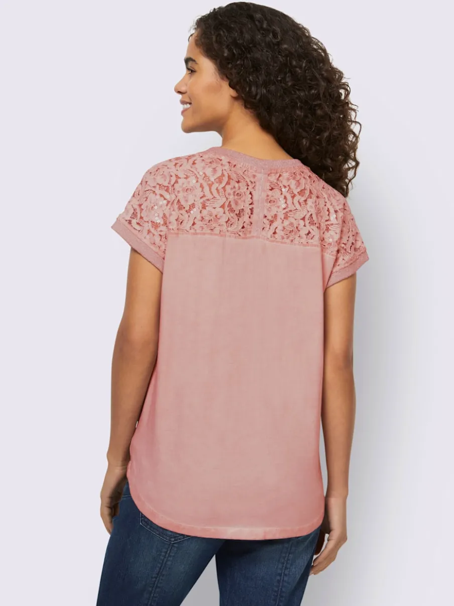 T-shirt à manches courtes en dentelle et imprimé léger