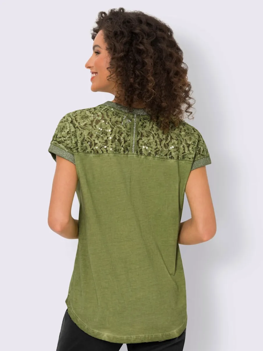 T-shirt à manches courtes en dentelle et imprimé léger
