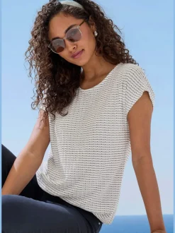 T-shirt à manches courtes en tricot structuré avec encolure ronde et élastique à la taille