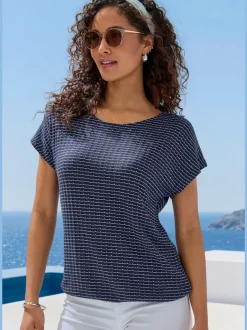 T-shirt à manches courtes en tricot structuré avec encolure ronde et élastique à la taille