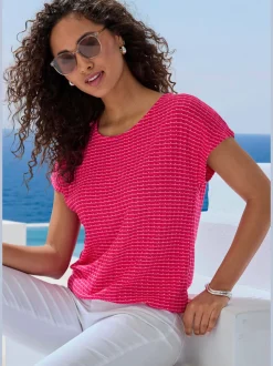 T-shirt à manches courtes en tricot avec motif graphique encolure ronde et élastique à la taille