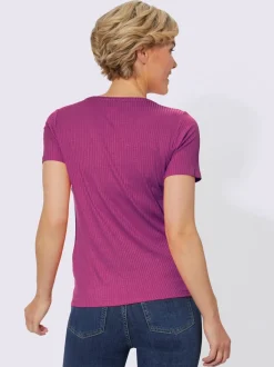 T-shirt à manches courtes en viscose extensible avec col V et patte de boutonnage