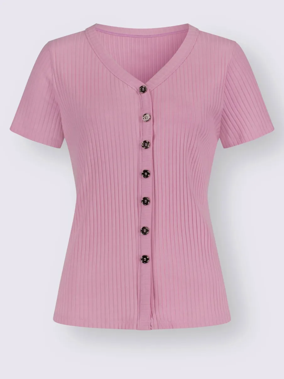 T-shirt à manches courtes en viscose extensible avec col V et patte de boutonnage