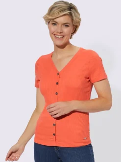 T-shirt à manches courtes en viscose extensible avec col V et patte de boutonnage