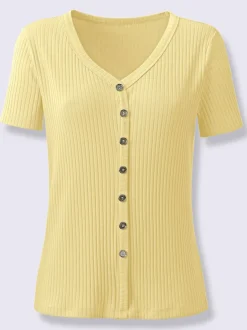 T-shirt à manches courtes en viscose extensible avec col V et patte de boutonnage