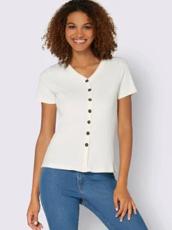 T-shirt à manches courtes en viscose extensible avec col V et patte de boutonnage