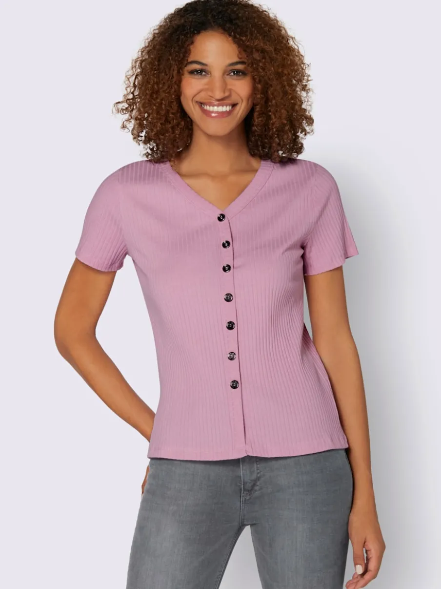 T-shirt à manches courtes en viscose extensible avec col V et patte de boutonnage