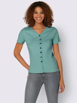 T-shirt à manches courtes en viscose extensible avec col V et patte de boutonnage