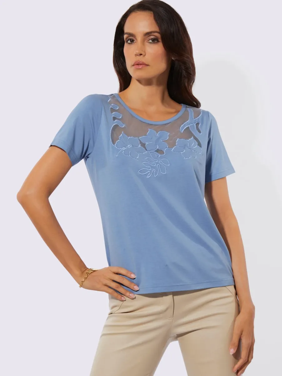 T-shirt à manches courtes en viscose avec empiècement en maille transparent