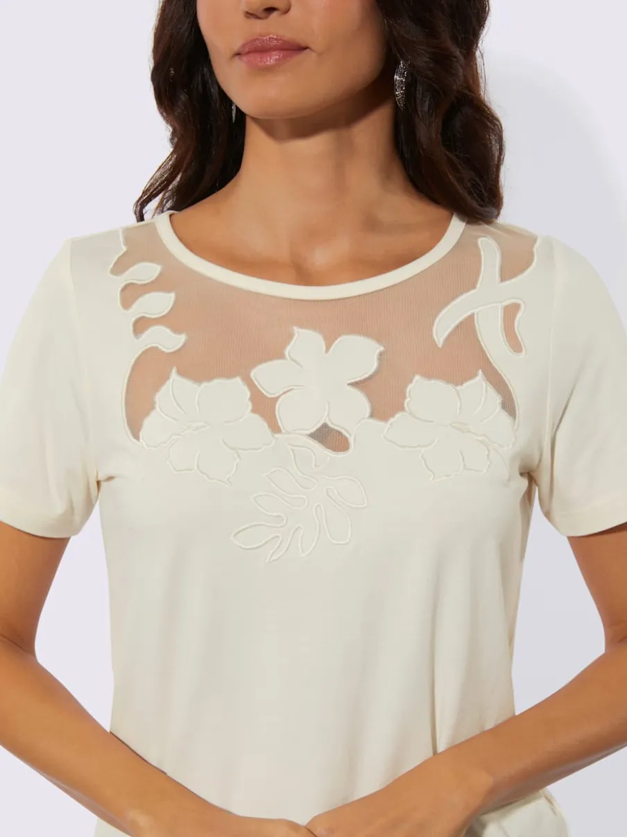 T-shirt à manches courtes en viscose avec empiècement en maille transparent
