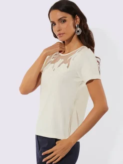 T-shirt à manches courtes en viscose avec empiècement en maille transparent