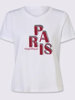 T-shirt à manches courtes inscription et pierres brillantes