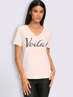 T-shirt à manches courtes inscription avec petites pierres brillantes fantaisie