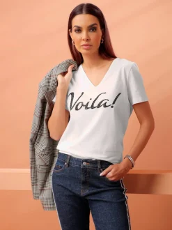 T-shirt à manches courtes inscription avec petites pierres brillantes fantaisie