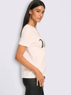 T-shirt à manches courtes inscription avec petites pierres brillantes fantaisie