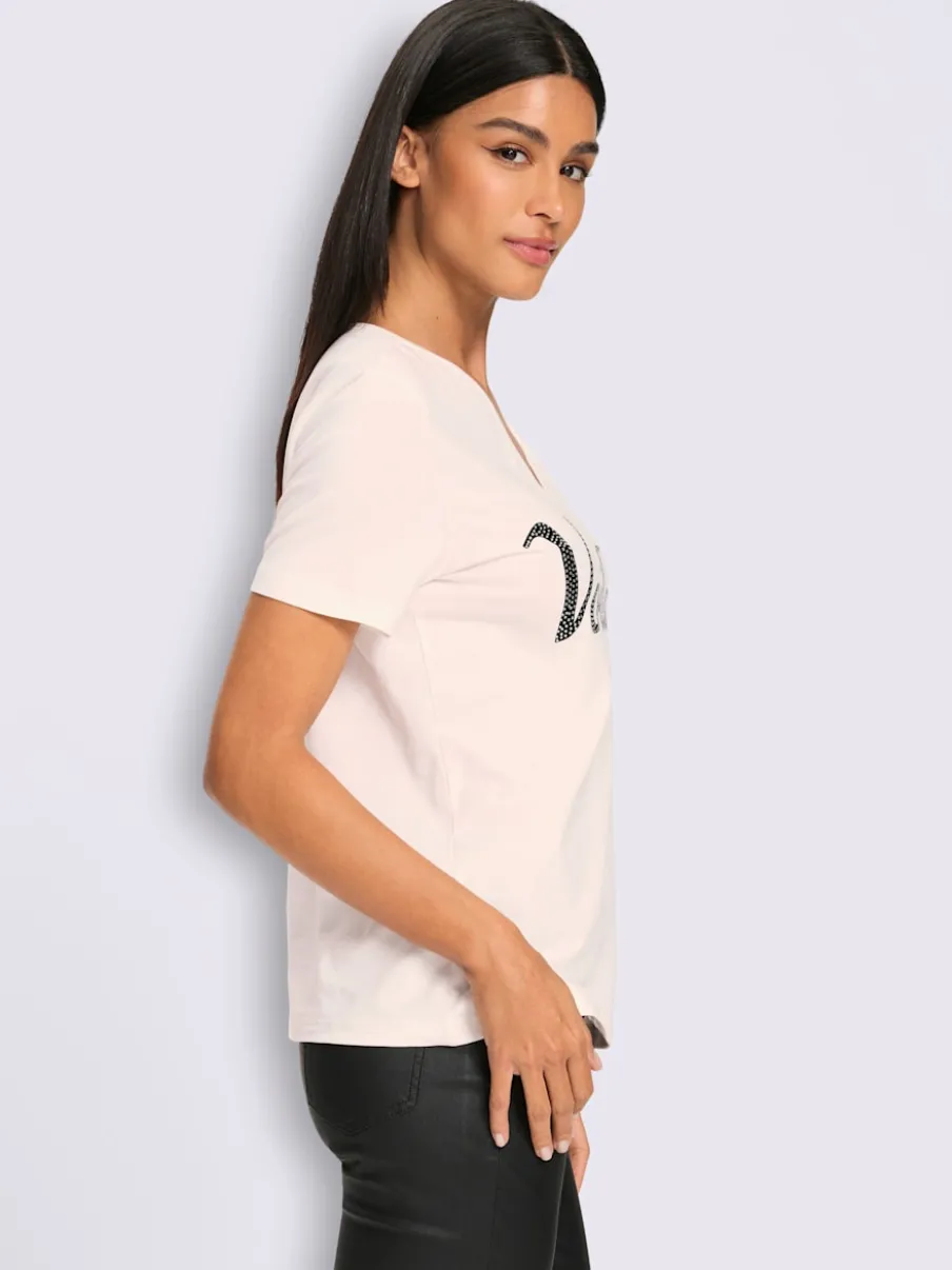 T-shirt à manches courtes inscription avec petites pierres brillantes fantaisie