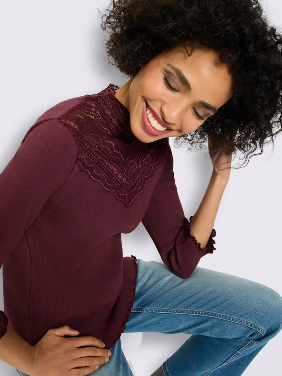 T-shirt à manches 3/4 empiècement dentelle tendance