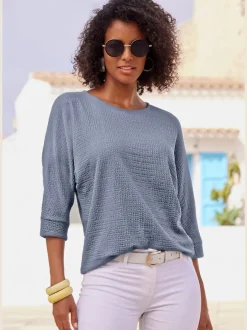 T-shirt à manches 3/4 en crêpe structurée avec ourlet arrondi