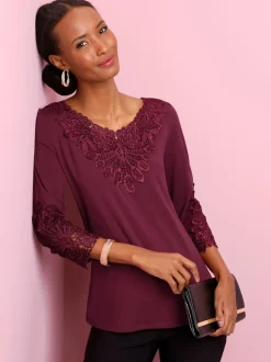 T-shirt à manches 3/4 en lyocell avec dentelle sur l'encolure