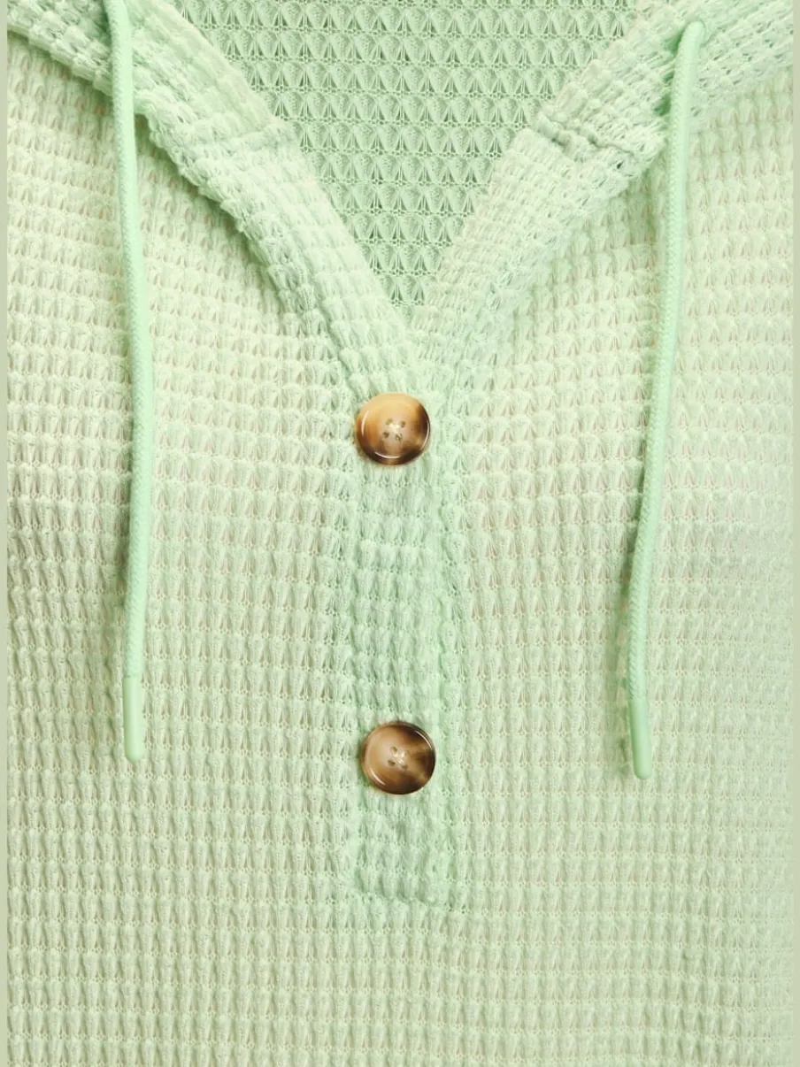 T-shirt à manches 3/4 en matière gaufrée avec capuche et patte de boutonnage