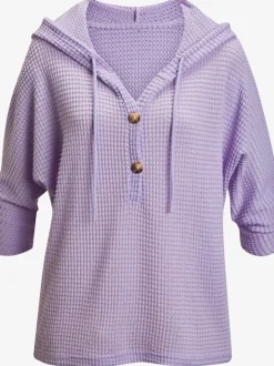 T-shirt à manches 3/4 en matière gaufrée avec capuche et patte de boutonnage