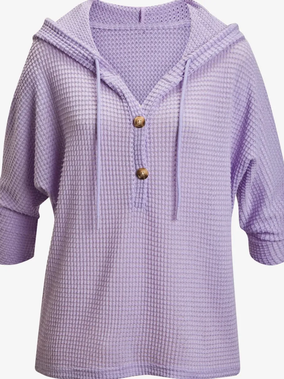T-shirt à manches 3/4 en matière gaufrée avec capuche et patte de boutonnage