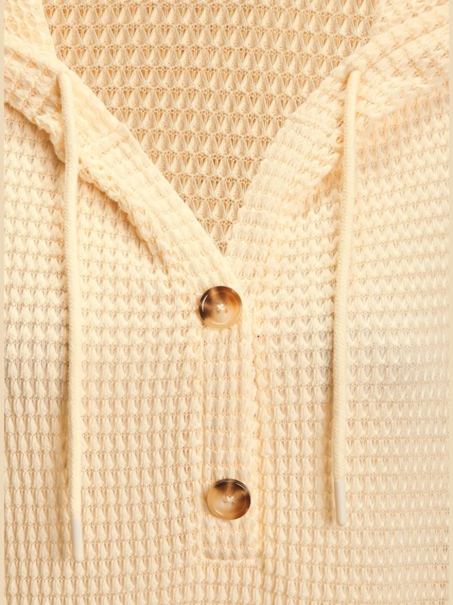 T-shirt à manches 3/4 en matière gaufrée avec capuche et patte de boutonnage