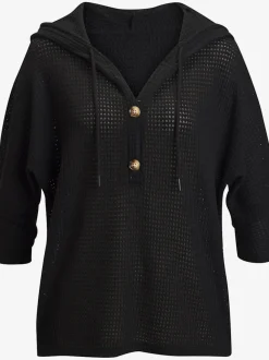 T-shirt à manches 3/4 en matière gaufrée avec capuche et patte de boutonnage