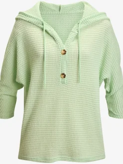 T-shirt à manches 3/4 en matière gaufrée avec capuche et patte de boutonnage