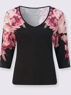 T-shirt à manches 3/4 en viscose avec imprimé floral encolure V