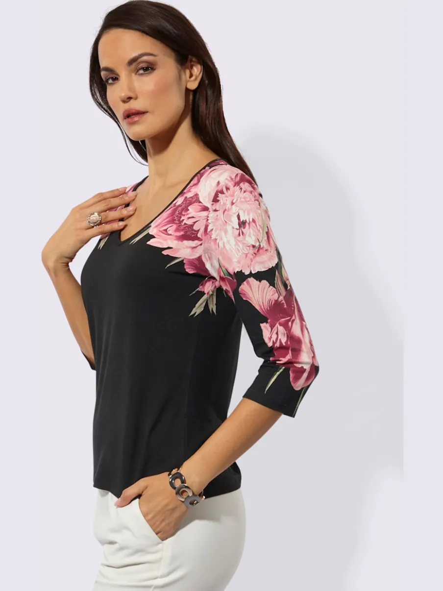 T-shirt à manches 3/4 en viscose avec imprimé floral encolure V