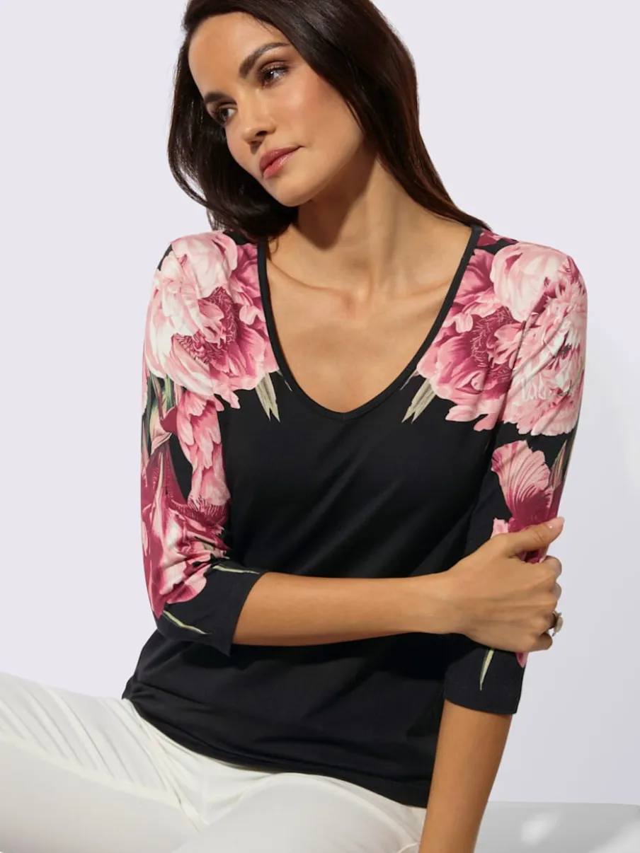 T-shirt à manches 3/4 en viscose avec imprimé floral encolure V