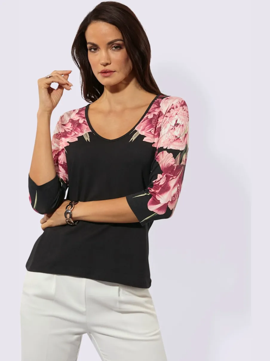 T-shirt à manches 3/4 en viscose avec imprimé floral encolure V