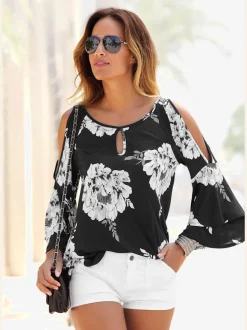 T-shirt à manches larges avec encolure trou de serrure et motifs floraux