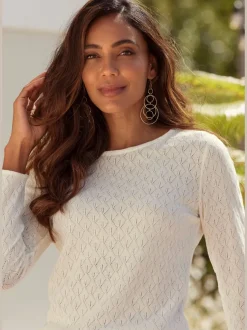 T-shirt manches longues au tricot fin ajouré coton