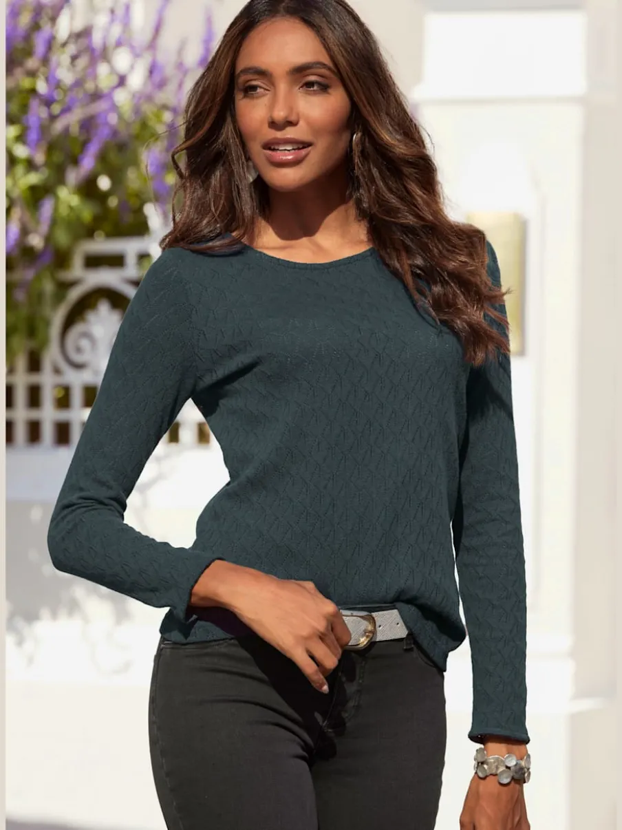 T-shirt manches longues au tricot fin ajouré coton
