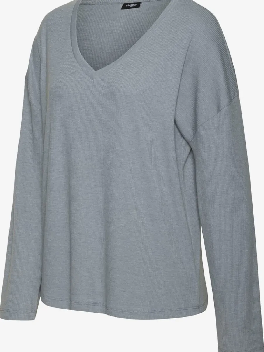 T-shirt à manches longues avec col V en tricot côtelé