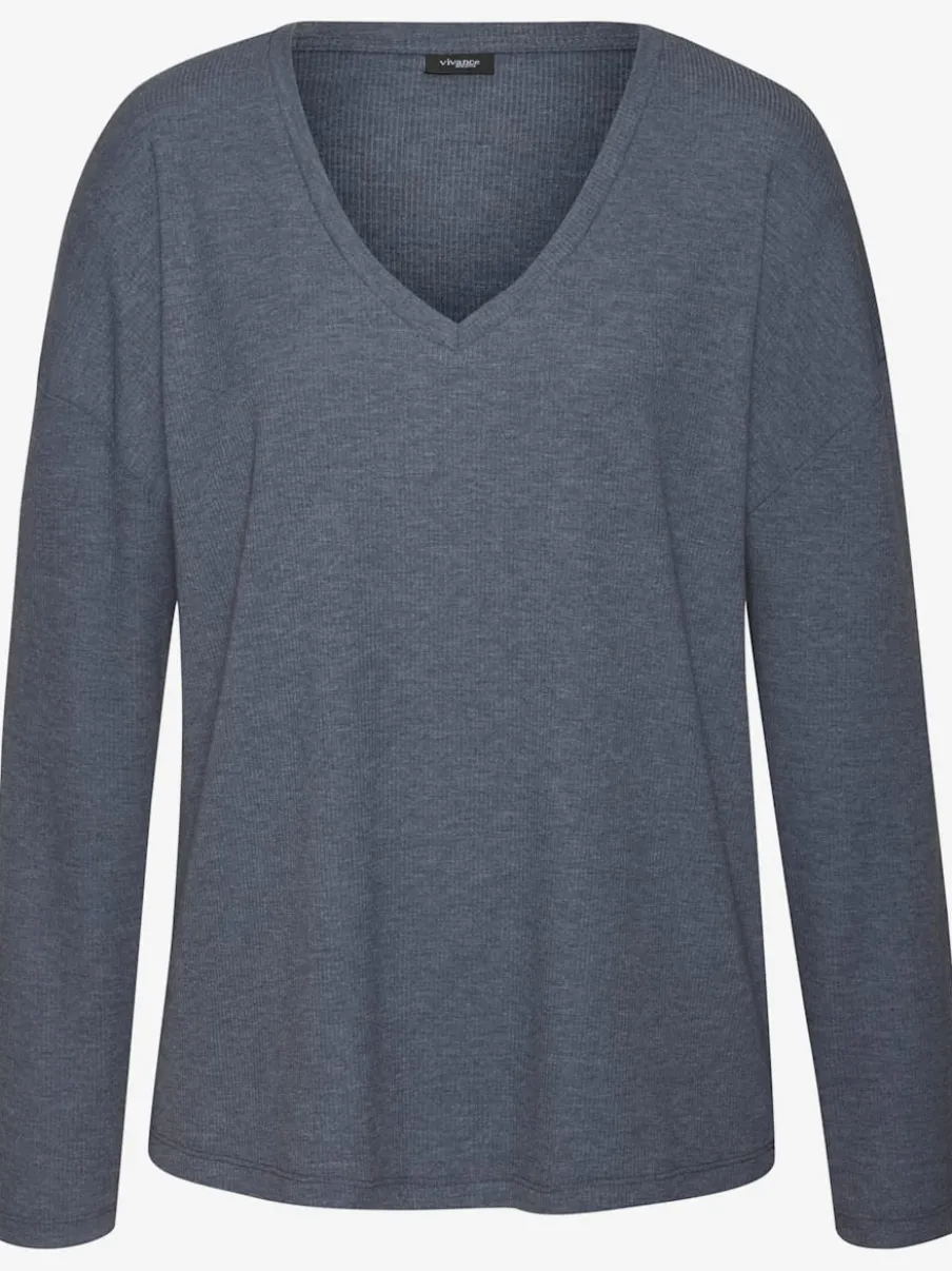 T-shirt à manches longues avec col V en tricot côtelé