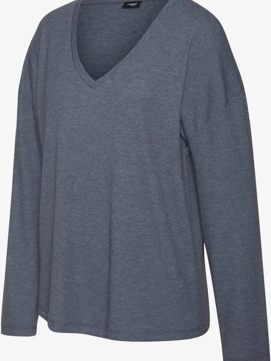 T-shirt à manches longues avec col V en tricot côtelé